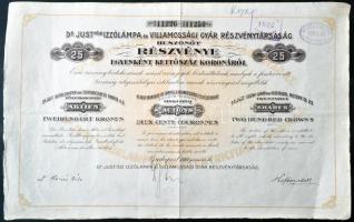 1923. "Dr. Just-féle Izzólámpa és Villamossági Gyár Részvénytársaság" részvénye 25x200 Koronáról, szelvényekkel magyar, francia és német nyelven T:III Hungary 1923. "Bulbs and Electric Factory of Dr. Just Ltd." stock in 25x200 Korona value with coupons in German, French and Hungarian language C:XF