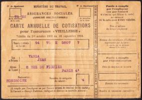 1934 Francia társadalombiztosítási kártya okmánybélyegekkel