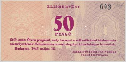 Budapest 1945. 50P elismervény "Székesfővárosi házinyomda üzemi bizottsága" T:I-