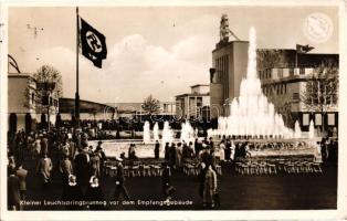 1937 Düsseldorf, Schlageterstadt, Reichsausstellung Schaffendes Volk, Leuchtspringbrunnen vor dem Empfangsgebäude /  Reich's Exhibition of a Productive People, fountain, reception building So. Stpl (EK)