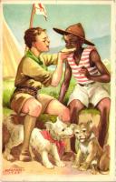 A cserkészt minden cserkészt testvérének tekint; Cserkész fekete fiúval; Cserkész Levelezőlapok Kiadóhiavatal Klössz Coloroffset / Scout with black boy s: Márton L.