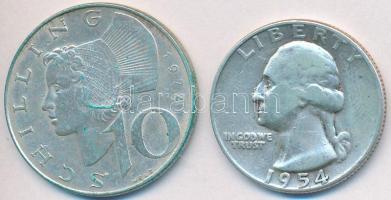 Vegyes: Amerikai Egyesült Államok 1954. 1/4$ Ag "Washington" + Ausztria 1972. 10Sch Ag T:2,2- patina Mixed: USA 1954. 1/4 Dollar Ag "Washington" + Austria 1972. 10 Schilling Ag C:XF,VF patina