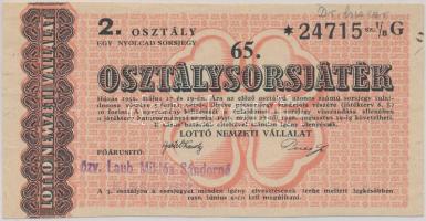 1950. "65. Osztálysorsjáték" 2. osztály 1/8 sorsjegy T:II- szakadás