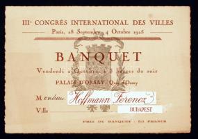 1925 Meghívó a III. Párizsi Nemzetközi Város Kongresszus bankettjára, III. Congrés International des villes, Banquet, Paris