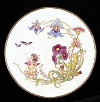 Kerek szecessziós motívumos porcelán tál, fém kerettel, számozott, apró kopásnyomokkal, d: 30,5 cm