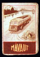 1950 MÁVAUT (Magyar Államvasutak Közúti Gépkocsi Üzemévé) személyszállítással és árufuvarozással foglalkozó társaság kinyitható kártyanaptára, hátoldalon az IBUSZ, a MÁV hivatalos menetjegyirodájának reklámjával