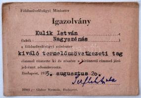 1955. "Kiváló Termelőszövetkezeti Tag" zománcozott, aranyozott kitüntetés miniatűr nélkül ...