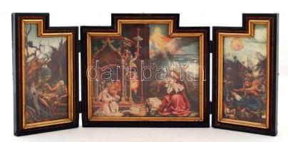 Kihajtható fa triptichon, benne nyomattal, aranyozott díszítéssel, kopásnyomokkal, kihajtva: 23×52,5 cm, összecsukva: 23×26