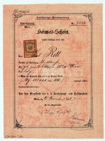 1902 Bécsi kiadású Heimat-Schein, okmánybélyeggel (Heller 30), száraz pecséttel ellátva, szép állapotban, 270x205mm