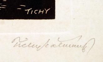 Tichy Kálmán (1888-1968): Az uzsorás, színes linómetszet, papír, jelzett a dúcon is, 25×20 cm