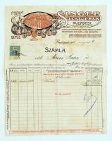 1913 Singer Testvérek, Budapest, Likörkülönlegességek gyára, törköly -és szilva, pálinkafőzde, rum, kávé és tea behozatal, díszes fejléces számla, 10 filléres okmánybélyeggel ellátva, 290x225mm