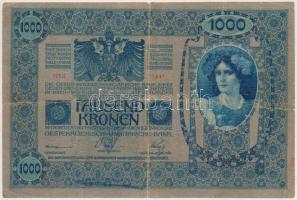 1902. 1000K áthúzott, hamis piros "Magyarország" körbélyegzővel és a hamis körbélyegzőről ...
