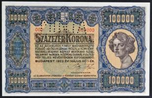 1923. 100.000K Orell Füssli Zürich, MINTA perforcióval, piros 000 számozással T:I,I- Hungary 1923. 100.000 Korona Orell Füssli Zürich, MINTA perforated, red 000 serial number C:UNC,AU Adamo K46M1a