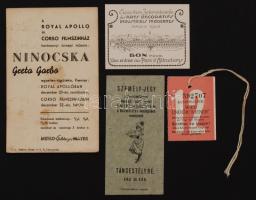 cca 1910-1930 Vegyes nyomtatvány tétel: Royal Apollo színház, Ausstelleung "Wien und Wiener", Exposition Internationale des Arts Décoratifs Industriels Modernes, Paris, Pestszentlőrinci Nemzeti Sport Egylet Táncestélyre,  4db