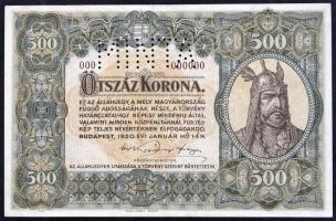 1920. 500K "Orell Füssli Zürich", "MINTA" perforcióval, barna "000" számozással T:III Hungary 1920. 500 Korona "Orell Füssli Zürich", "MINTA" perforated, brown "000" serial number C:F Adamo SK33M1a+