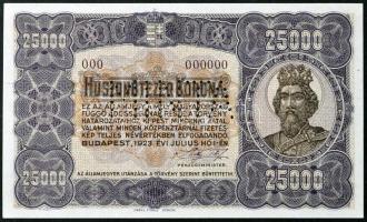 1923. 25.000K "Orell Füssli Zürich", "MINTA" perforcióval, barna "000" számozással T:I Hungary 1923. 25.000 Korona "Orell Füssli Zürich", "MINTA" perforated, brown "000" serial number C:UNC Adamo K44M1avar.