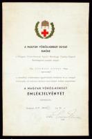 1937 Bp., A Magyar Vöröskereszt Egylet elnöke által Csermely Károly (1884-1976) sportrepülő, repülésügyi szakembernek adományozott emlékjelvény oklevele
