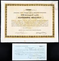 Jászladány 1911. "Jászsági Helyi Érdekű Vasút Részvénytársaság" 200K-ról szóló Elsőbbségi Részvény + Jászapáti 1938. Élvezeti-jegy "Jászsági Helyi Érdekű Vasút Részvénytársaság" részvényhez T:II