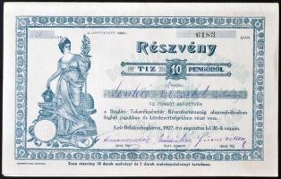 Balatonboglár 1927. "Boglári Takarékpénztár Részvénytársaság" részvénye 10P-ről, szárazpecséttel T:I-