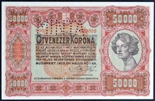 1923. 50.000K "Orell Füssli Zürich", "MINTA" perforcióval, piros "000" számozással, forgalmi ékezethibás T:I,I- Hungary 1923. 50.000 Korona "Orell Füssli Zürich", "MINTA" perforated, red "000" serial number, with accent error C:UNC,AU Adamo K45M1a