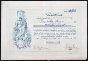 Esztergom 1916. "Esztergomi Fogyasztási és Értékesítő Szövetkezet/Hangya" üzletrészjegye 25K-ról, szelvényekkel, felülbélyegzésekkel T:III