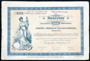 Jászapáti 1923. "Jászapáti Gőzmalom Részvénytársaság" részvénye 200K-ról szelvényekkel, felülbélyegezve T:III