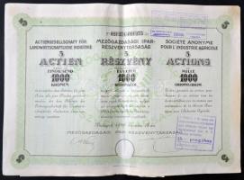 Budapest 1922. "Mezőgazdasági Ipar-Részvénytársaság" 5 részvénye 1000K-ről szelvényekkel T:II