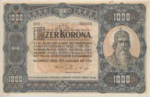 1920. 1000K "Orell Füssli Zürich", "MINTA" perforcióval, barna "000" számozással T:I-,II hajtatlan, kis folt Hungary 1920. 1000 Korona "Orell Füssli Zürich", "MINTA" perforated, brown "000" serial number C:AU,XF unfolded, small stain Adamo SK36M1a+