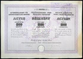 Budapest 1922. Mezőgazdasági Ipar-Részvénytársaság részvénye 1000K-ről szelvényekkel T:II