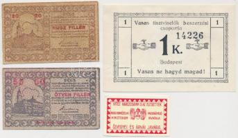 Pécs 1919. 20f + 50f házipénztár-pénztárjegy + Budapest ~1914-1919. 2f "M. Kir. Honvédelmi Minisztérium Hadsegélyező Hivatala Özvegyei és Árvái Javára" + ~1920. 1K "Vasas tisztviselők beszerzési csoportja" szükségpénz hátlapon körbélyegzővel T:I-II