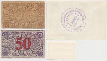 Pécs 1919. 20f + 50f házipénztár-pénztárjegy + Budapest ~1914-1919. 2f "M. Kir. Honvédelmi Mini...