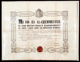 1869 Léva, Ács-, kőműves és cserepes céh által kiadott díszes mesterlevél viaszpecséttel