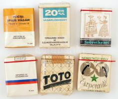6 doboz magyar cigaretta, bontatlan csomagolásban: Debrecen, IV. Nemzetközi Kórusverseny 1970, Eszperantó, Mecsek, Pécsi Ipari Vásár (Nyitott, de hiánytalan doboz), Szövetkezet, Toto (szakadt a nylon borítás)