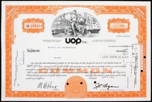 Amerikai Egyesült Államok 1959. "Universal Oil Products Company" 5 részvénye egyenként 1$ értékben, perforált, lyukasztással érvénytelenítve T:II ragasztott, tűlyukak USA 1959. "Universal Oil Products Company" 4 shares, each with the value of 1$, holes C:XF sticked, needle holes