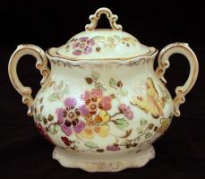 Zsolnay pillangó mintás cukortartó, kézzel festett, jelzett, hibátlan, m:12,5 cm