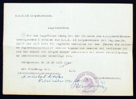 1941 Felsőrákos (ma: Racoșul de Sus, Románia), 1916-ban adományozott II. osztályú ezüst vitézségi érem okiratának hiteles másolata, "Felsőrákos visszatért" köriratú bélyegzővel