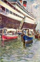 Ausschiffung der Passagiere in Malta / T.S.S. Kaiser Franz Joseph I. arriving at Malta; artist signed