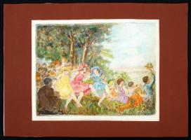 Prihoda István (1891-1965): Majális. Színezett rézkarc, papír, jelzett, paszpartuban, 25×32 cm