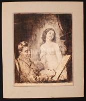 Prihoda István (1891-1965): Önarckép akttal. Rézkarc, papír, jelzett, paszpartuban, 30×24 cm