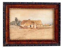 Istvánffy jelzéssel: Tanyasi ház a pusztában, akvarell, papír, üvegezett fa keretben, 12,5×18 cm