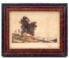 Rudnay Gyula (1878-1957): Útszéli fák, színezett rézkarc, papír, üvegezett fa keretben, 13,5×21 cm