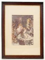 Csók István (1865-1961): Ülő leány, színezett litho, paszpartuban, üvegezett fa keretben, 30×21,5 cm