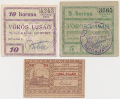 Budapest 1919. május 13. 5K + 10K "Vörös Újság" mindkettő felülbélyegzett + Pécs 1919. október 17. 20f "Házipénztár-pénztárjegy" T:II-,III,I-