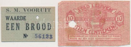 Belgium/Leuven DN 10c lyukasztott + Gent 1941. kenyérjegy, felülbélyegzett, lyukasztott T:III-,I- Belgium/Leuven ND 10 Centiemen holes + Gent 1941. "S. M. Vooruit WaardeEEn Brood" bread ticket, overprinted, holes C:VG,AU