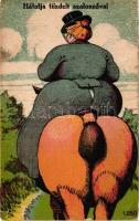 Hátulja tűzdelt szalonnával / Fat lady humour, horse litho (small tear)