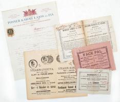 1871-1892 Bp., Díszes fejléces számlák, 5 db (Bánhegyi C.J., Fack Pál vasáru-, épület- és butorvasalás, Winker János és Fiai vas-árusok, Himmelbauer Antal és Társa, Stessel Nándor és Társa, Posner Károly Lajos és Fia)