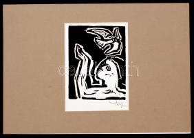 Pap Gyula (1899-1983): Lány galambbal. Linó, papír, jelzett, 15×11 cm