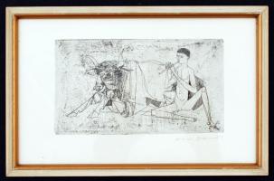 Kass János (1927-2010): Pásztorfiú. Rézkarc, papír, jelzett, üvegezett keretben, 9×16 cm