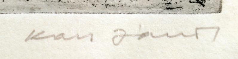 Kass János (1927-2010): Pásztorfiú. Rézkarc, papír, jelzett, üvegezett keretben, 9×16 cm