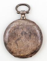 Ezüstözött fém zsebóratok a szántás és aratás motívumaival, belül karcos, d: 5 cm